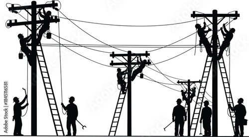 Silhouette of linemen working on utility poles with ladders and tools lineman electricity