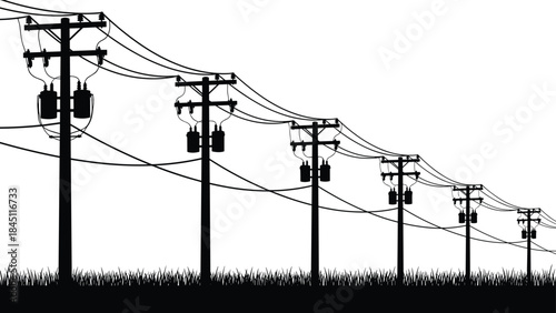 Silhouette of power lines and poles receding into the distance with grass electricity energy