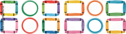 colorful crayon frames and circles collection for playful creative design, vector illustration