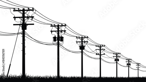 Silhouette of power lines and poles receding into the distance with grass electricity energy