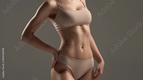 Collage of a slim female adult with a perfect athletic body in beige underwear. Body care, weight loss, and fitness concept for beauty clinic or spa advertising