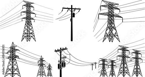 Silhouettes of Electrical Transmission Towers and Utility Poles with Power Lines Keywords: electrical tower, utility pole, power