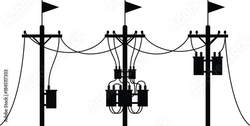 Silhouettes of three utility poles with transformers and flags against white power lines electricity