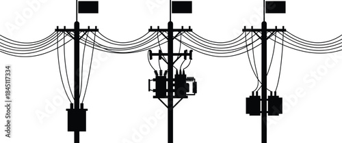 Silhouettes of three utility poles with electrical equipment and power lines on a white background electricity