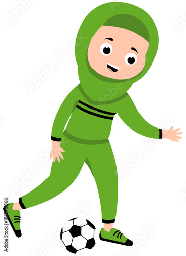 Muslim Girl Positioning Foot for Inside Pass, Step 2 Soccer Illustration. Editable Color Vector