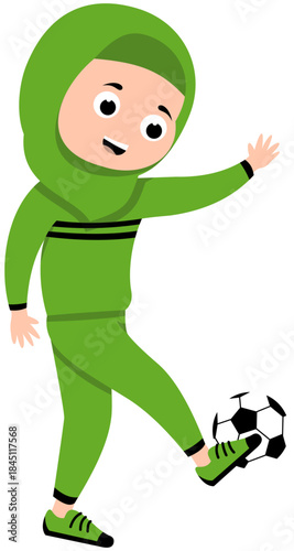 Muslim Girl Completing Inside Foot Pass, Step 4 Soccer Illustration. Editable Color Vector