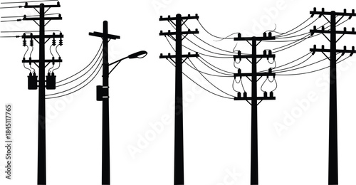 Silhouettes of utility poles with transformers and street lamp on white background electricity power line