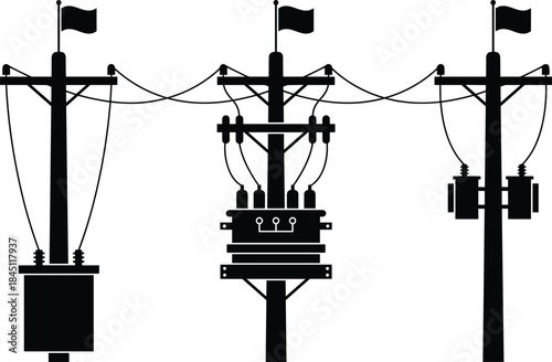 Three distinct electricity poles with transformers and flags in black silhouette power line utility pole
