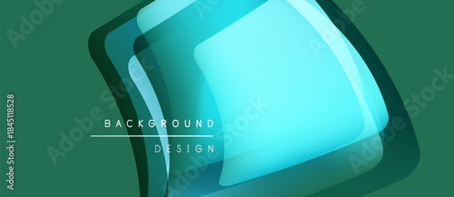 Abstract geometric shapes overlap, creating vibrant turquoise gradients. Dark green background provides contrast. Text reads background design. Minimalist aesthetic.