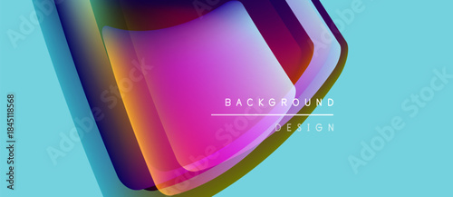 Abstract layers create vibrant, flowing shapes. Turquoise backdrop complements purple, pink gradients. Modern design element.