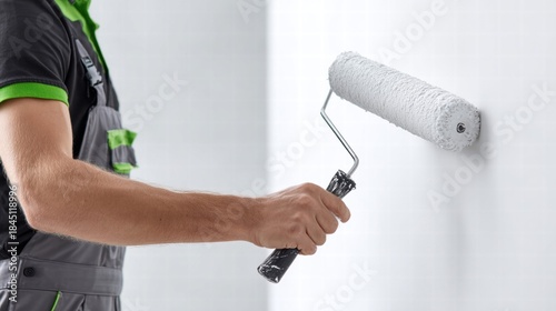 A painter's hand applying white paint to a wall with a roller brush during home renovation.