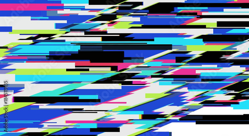 Vibrant abstract background featuring a dynamic digital glitch pattern with colorful geometric rectangles.