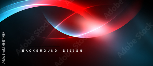 Abstract dark background. Bright neon curves create dynamic flow, red and blue hues dominate design. Modern aesthetic.