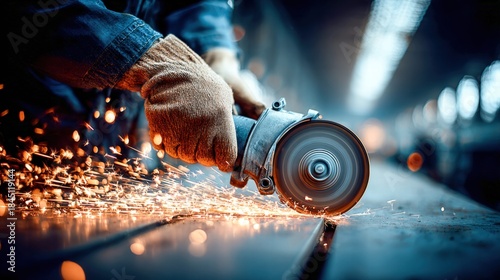 A skilled worker using an angle grinder to cut through metal in a workshop environment.