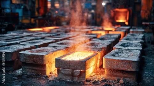 Molten metal is poured into molds, creating glowing ingots in a hot industrial foundry.