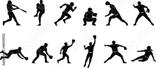 Baseball player silhouettes collection, dynamic athletes pitching hitting running and fielding, professional sport vector illustration for training, competition, and athletic design projects