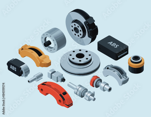 Isometric car parts set with brake disc, caliper, abs unit and other parts