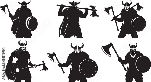 Set of viking warriors silhouettes with horns on helmet holding axe and shield in various battle poses