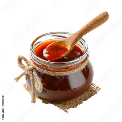 Glass jar of dark red barbecue sauce with wooden spoon and twine food, Png On White Background, Isolated on Transparent Background, Cut Out