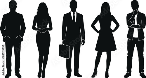 Business professionals silhouettes collection, confident men and women standing together, corporate office vector illustration for teamwork, leadership, recruitment, branding