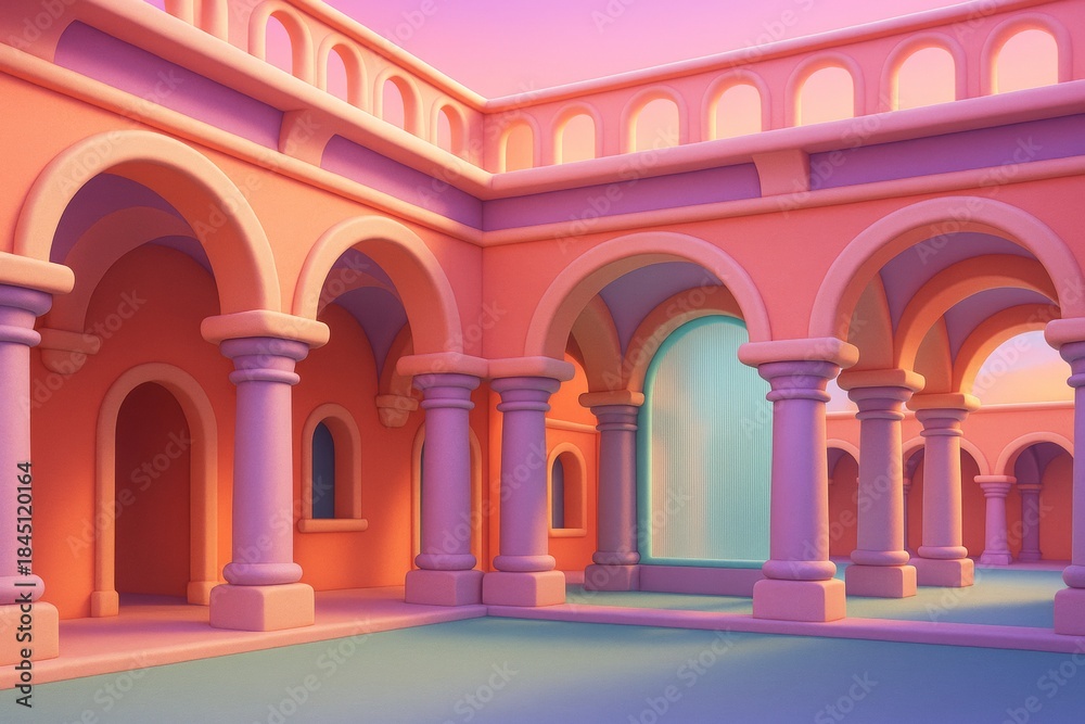 Obraz premium Surreal pastel courtyard with arches and columns in soft architectural style and vibrant lighting in surreal dreamlike atmosphere concept. Ai generative