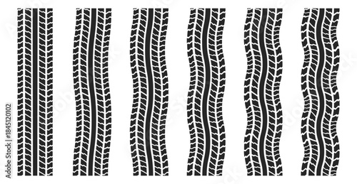 Set of tire tracks and treads in multiple shapes. Vector illustration featuring curved and straight.