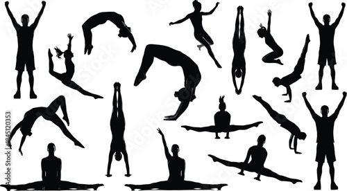 Gymnastics silhouettes collection, athletes performing flips jumps and balances, dynamic sport vector illustration for fitness, training, flexibility, strength, motion, and athletic design projects