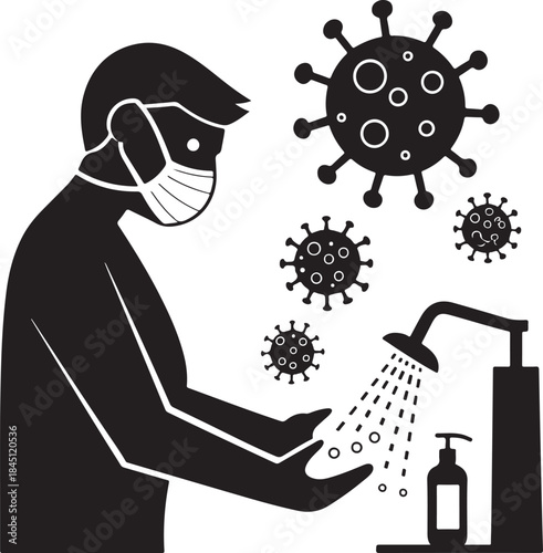 Man wearing mask washing hands under faucet with coronavirus particles in air Silhouette