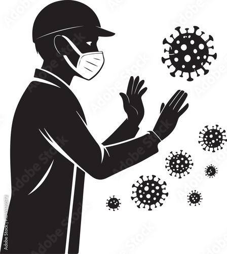 Man wearing mask washing hands under faucet with coronavirus particles in air Silhouette