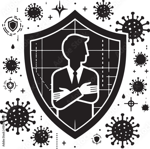 Man wearing mask washing hands under faucet with coronavirus particles in air Silhouette