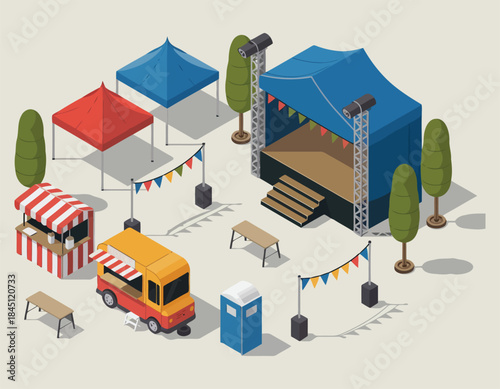 Isometric festival with stage, food truck, tents and decorations on light background