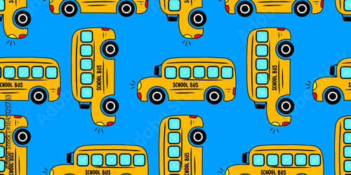 Seamless pattern on blue background with school bus illustrations. Ideal for notebooks, stationery 