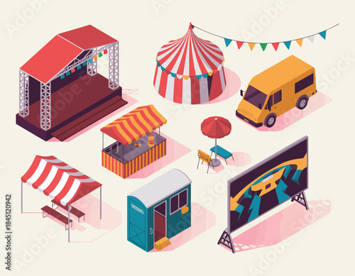 Isometric festival elements, stage and circus tent
