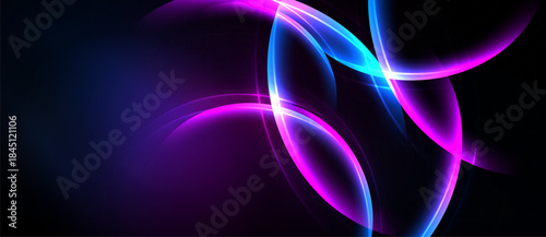 Abstract neon lights form flowing curves, vibrant blues, pinks against dark background. Dynamic energy radiates from design.