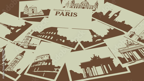Greetings from paris postcard set with famous landmarks and city skylines in brown and beige tones