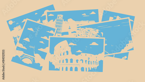 Collection of travel postcards featuring famous italian landmarks and architecture in blue and beige tones
