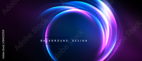 Abstract neon circles over dark background. Vibrant blue, purple hues create futuristic design. Minimalist text reads background design.