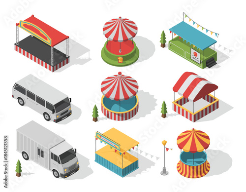 Isometric amusement park elements for web design
