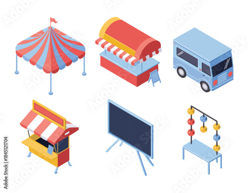 Isometric fairground elements, tent, food stall, van