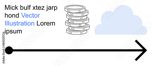 Cloud storage, financial technology, data movement, digital economy, business strategies, digital transformation. Stacked coins, cloud and arrow. Cloud storage and financial technology concept