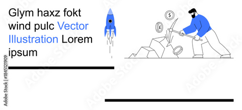 Cryptocurrency, digital mining, blockchain, fintech innovation, financial growth, futuristic technology. A person mining cryptocurrency with digital symbols and a rocket. Cryptocurrency and digital