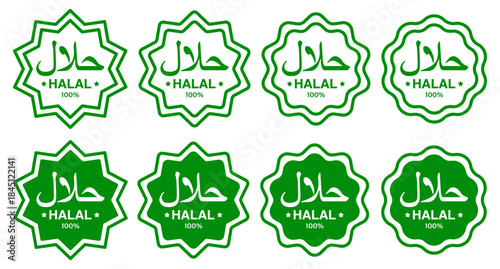 Halal icons and logos set featuring round seals for food, drinks and products certified