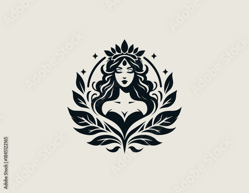 Goddess beauty portrait expressing feminine elegance through refined minimalist black vector logo illustration