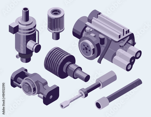Isometric set of car parts, auto spare parts