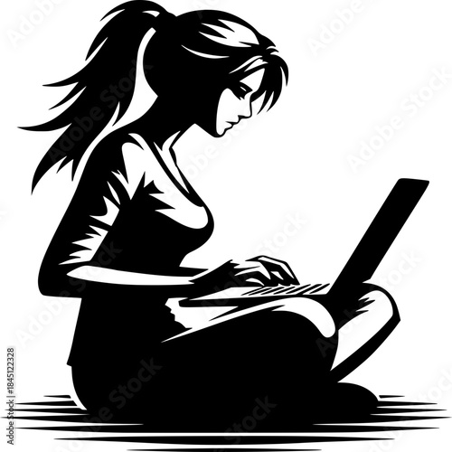 Focused Woman at Laptop Silhouette Illustration