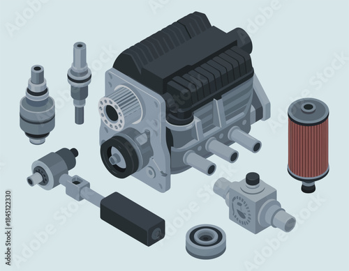 Isometric illustration of car parts, engine, filter, and other components