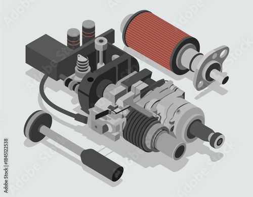 Isometric illustration of an engine part with various components shown