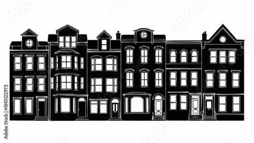 Row of Black and White Townhouses Facades Architectural Style.