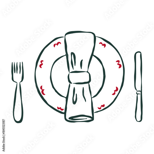 Isolated hand drawn table service with knife and fork in vintage sketch ink style. Flat vector illustration. Rough edges. Design element for card, poster, social media, sticker. Christmas concept.