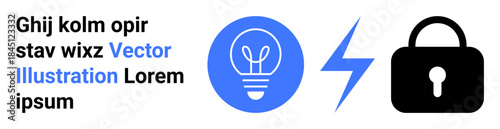 Cybersecurity, energy innovation, creative thinking, solutions, secure systems, protection. Blue light bulb, lightning bolt and black lock on white background. Cybersecurity and energy innovation